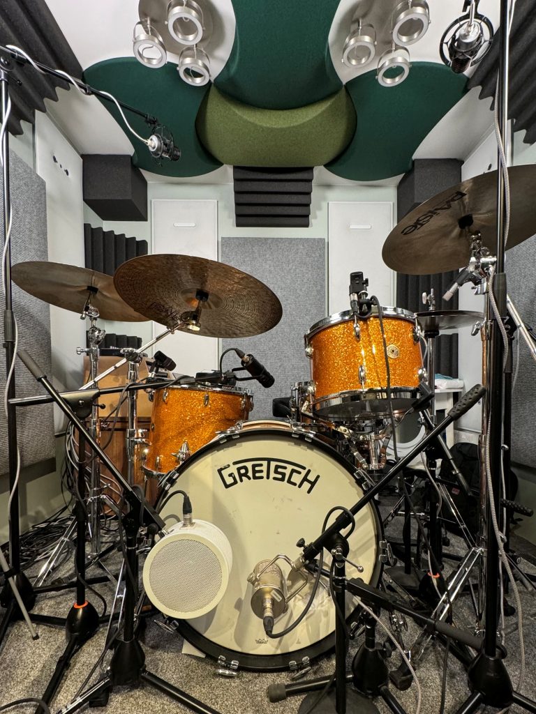 A partial shot of the miked-up Gretsch / Paiste acoustic drum kit in Gareth's studio