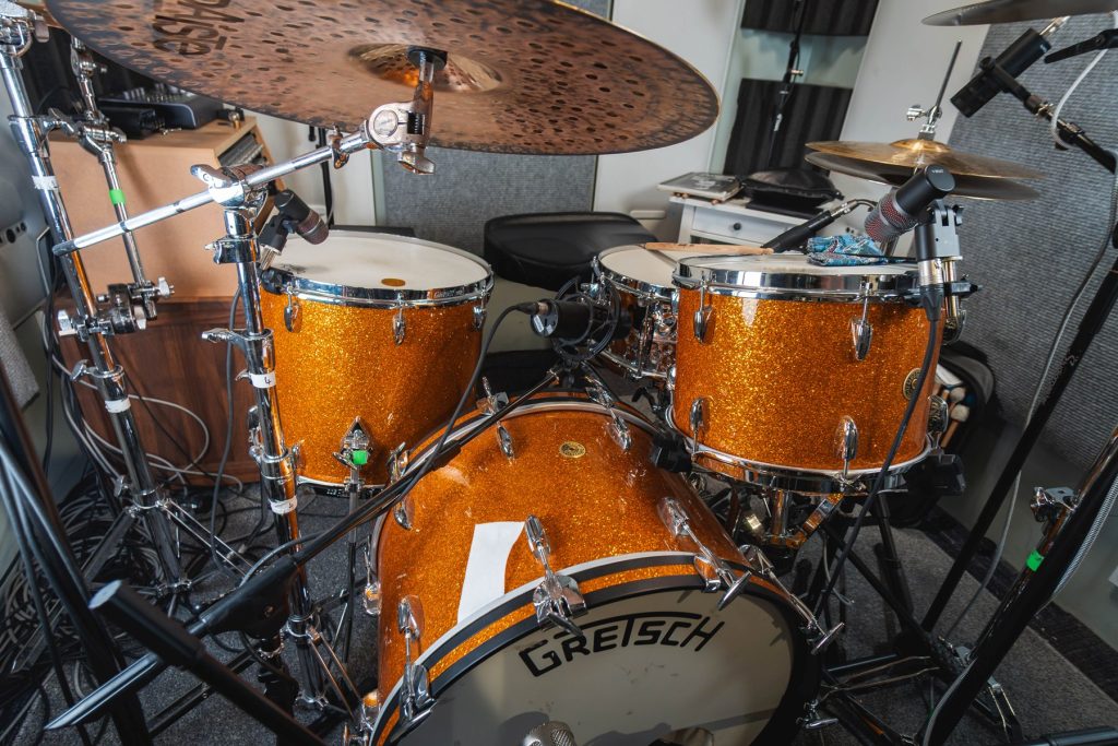 A front view of one of the drum kit set-ups available in Gareth's studio